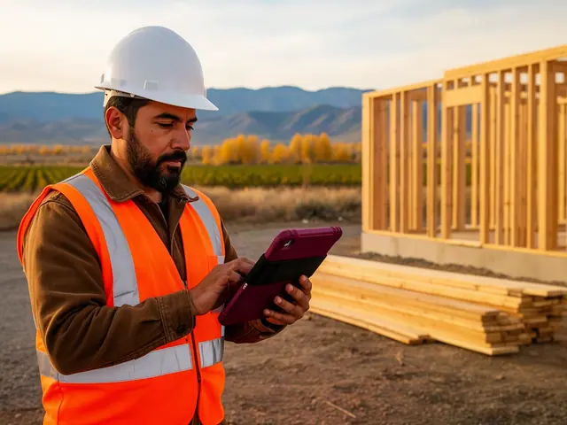 Bearded man in a white hard hat and orange hi-vis vest uses a burgundy-cased tablet beside a wood-framed building shell