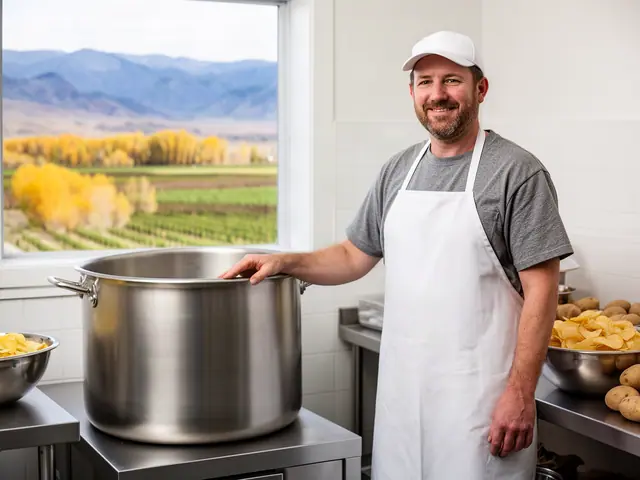Smiling man in a white cap and apron rests his hand on a large steel pot in a chip kitchen