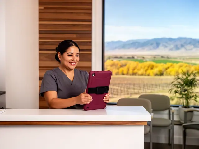 Smiling woman in grey scrubs holds a burgundy tablet at a clinic front desk overlooking vineyards