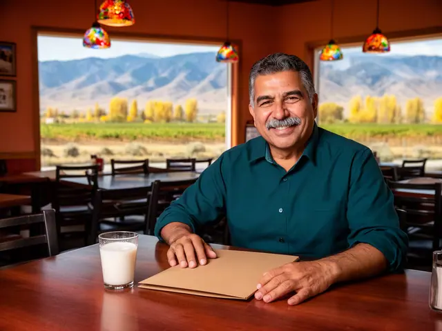 Smiling restaurant owner in a teal shirt sits at a table with a kraft folder, vineyard view behind