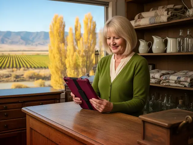 Smiling blonde woman in a green cardigan reads a burgundy-cased tablet at a wooden shop counter beside shelves of quilts and jugs