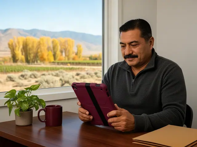 Man in a grey quarter-zip fleece holding a burgundy-cased tablet at a desk beside a window with autumn cottonwoods