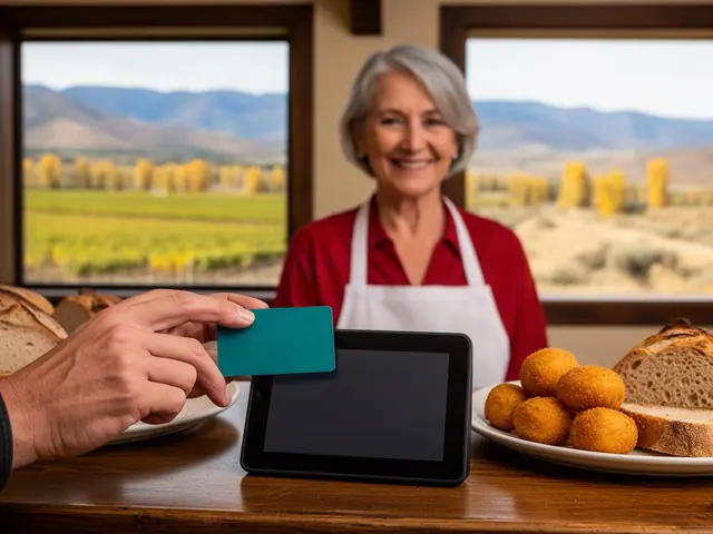 Hand holding a plain teal card toward a black countertop tablet while a smiling grey-haired shop owner stands behind a bakery counter