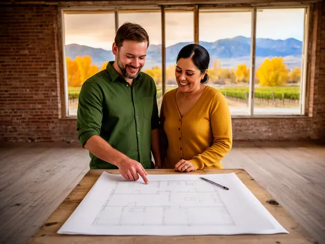 Man in a green shirt and woman in a mustard cardigan look at a floor-plan drawing on a table in a brick room