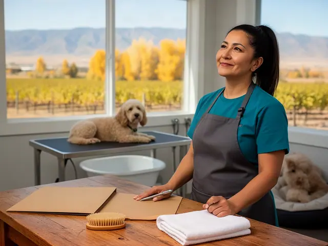 Smiling woman in a teal shirt and grey apron stands at a wooden grooming-shop counter with a dog on a table behind her